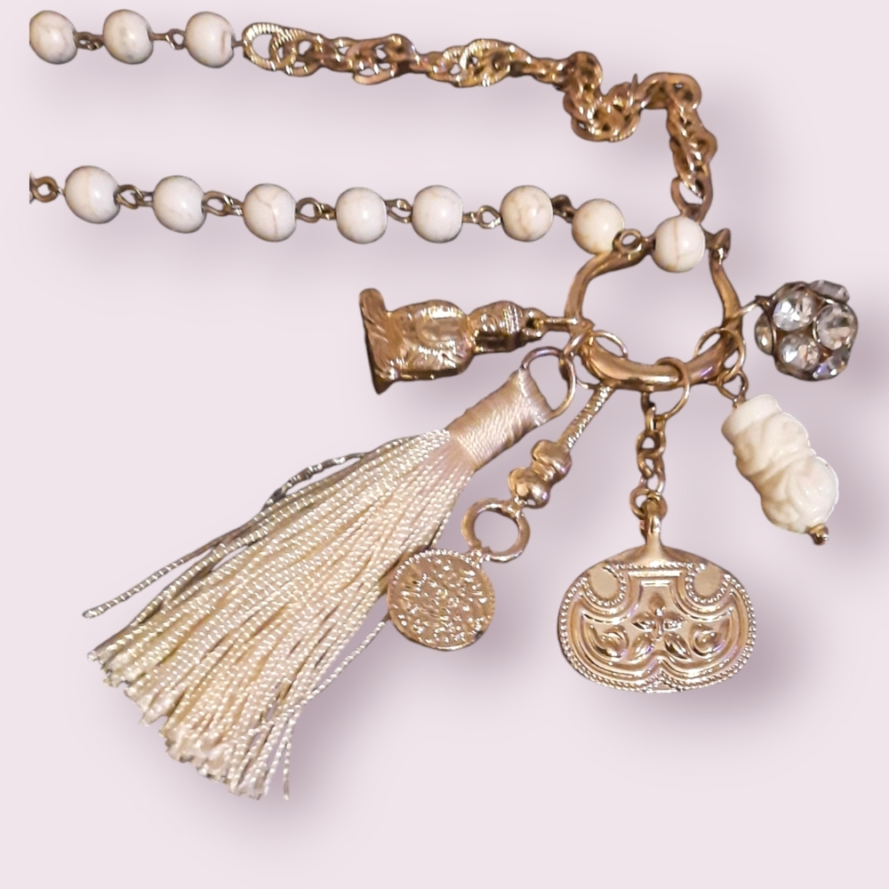 Buddha multi charm pendant gemstone bead goldtone necklace tassel Tribal - Picture 3 of 16